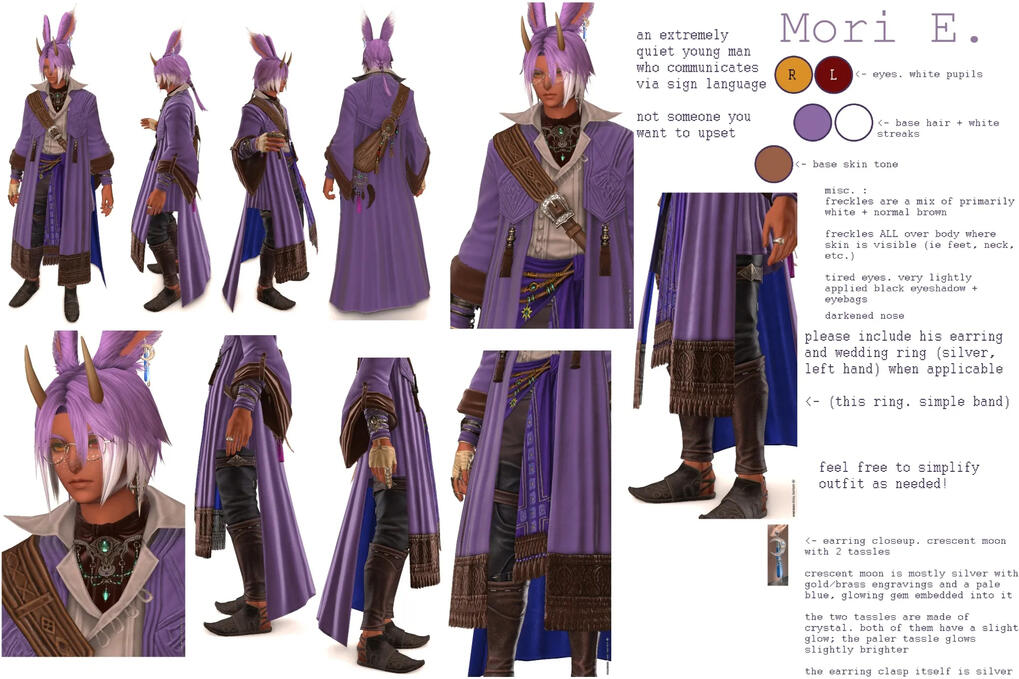 Airy Reference Sheet a character reference sheet for one of the poster's characters. this one is for Airy (or Mori), the lavender haired viera.