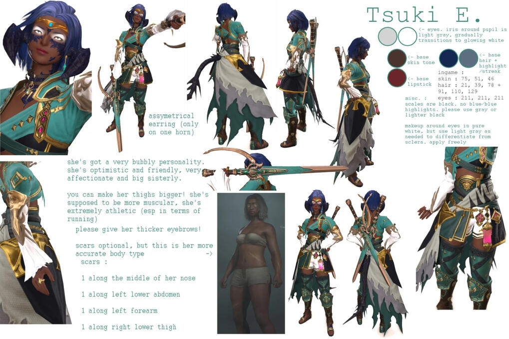 a character reference sheet for one of the poster's characters. this one is for Tsuki, the blue haired au ra.