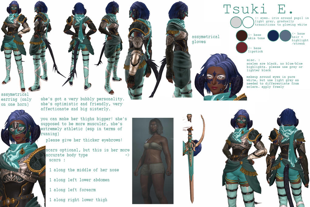 Tsuki Reference Sheet a character reference sheet for one of the poster's characters. this one is for Tsuki, the blue haired au ra.