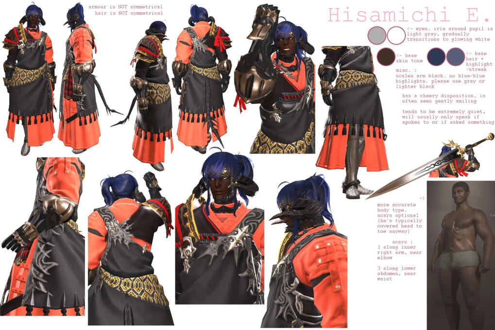 Hisamichi Reference Sheet a character reference sheet for one of the poster's characters. this one is for Hisamichi, the blue haired au ra.