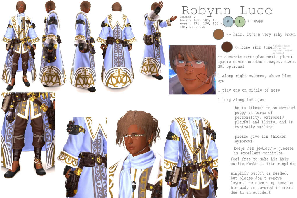 Robynn Reference Sheet a character reference sheet for one of the poster's characters. this one is for Robynn, the brown haired hyur.
